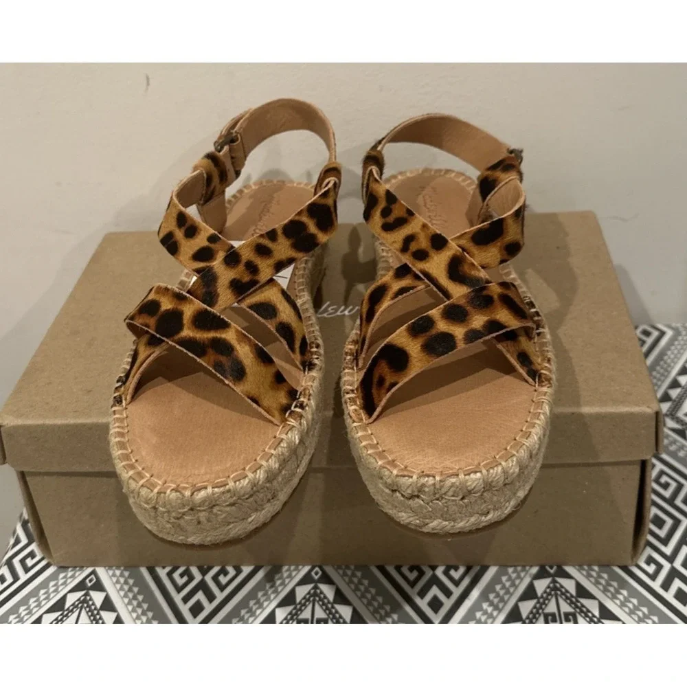 Madewell Size 8.5 Malia Asymmetrical Espadrille Sandal Truffle Leopard Calf Hair